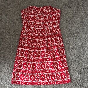 J. Crew Red & White Ikat Print Strapless Dess